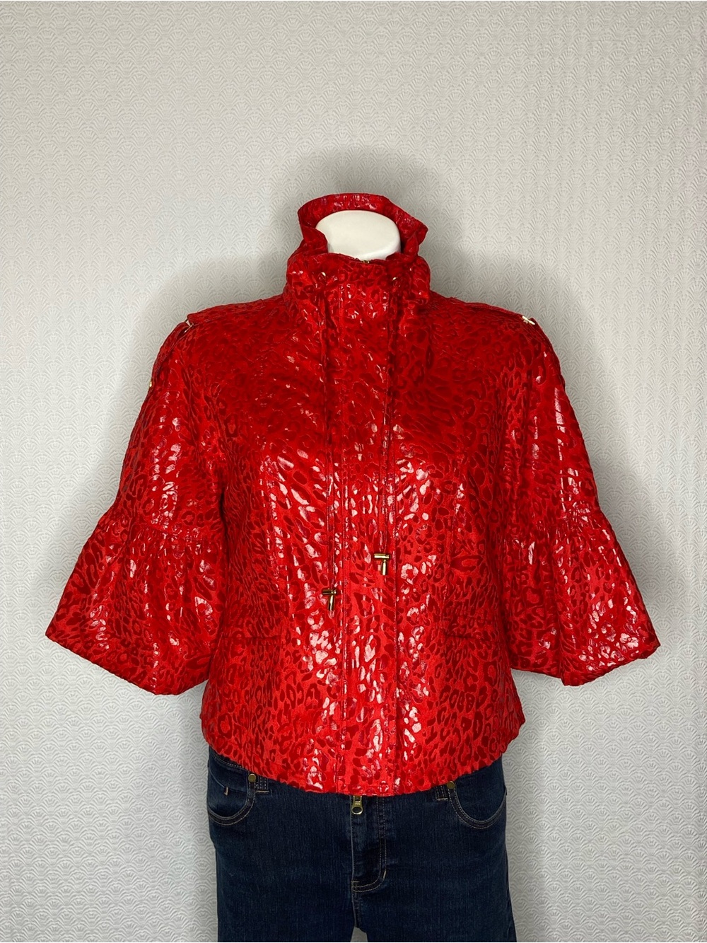 BEREK Vintage Leopard Cheetah Animal Print Statement Jacket Full Zip Red Small